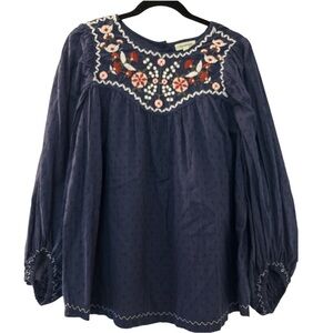 MAX STUDIO top, size Large, dark blue with embroidery.  Full sleeves, 3 buttons